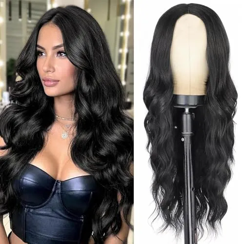 PORSMEER Perücken Damen Lange schwarze Lockige Wellig Perücken Synthetische Hitzebeständige Natürlich Haare Für Frauen Alltag Cosplay Kostümparty Halloween Fasching Black Wigs 26 inches