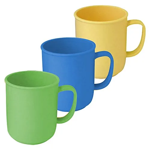 Tassen mit Henkel à 300 ml wiederverwendbar aus Kunststoff in den Farben Gelb, Blau und Grün, Kaffeetasse Teetasse Becher Henkelbecher Henkeltasse 3