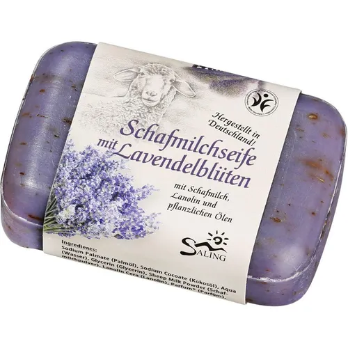 Saling Handseife Schafmilchseife - Lavendelblüten 100g - Handseifen mit pflegender Schafmilch und beruhigenden Lavendelblüten, BDIH-zertifiziert und in Deutschland hergestellt für sanfte Hautpflege.