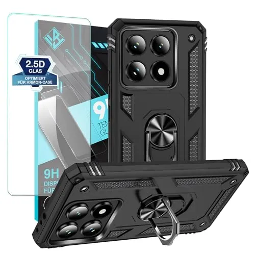 LBH Outdoor Hülle für Xiaomi 14T Pro Armor Militär Stoßfest Handyhülle 360 Grad Metal Ring Halter Ständer Schutzhülle für Handyhalterung Auto Magnet Schwarz