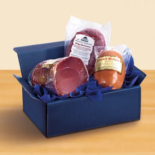 Präsentkorb Klein + Fein Nr. 47 mit Nuss Schinken Mettwurst & Aalrauch Mettwurst