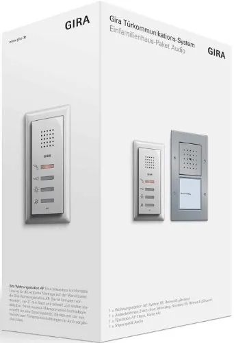 Gira 49543 Einfamilienhaus-Paket Audio Türkom - Haus-Alarmanlagen mit hochwertigem Audio-Türkommunikations-System, inklusive Steuergerät und eleganter Aluminium-Türstation für Sicherheit und Komfort im Einfamilienhaus.