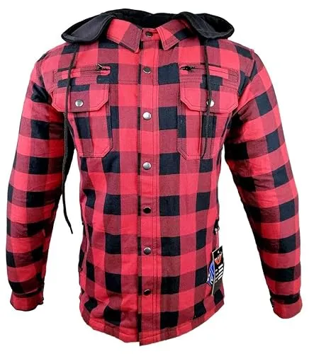 Motorradhemden Biker Aramid Hemdjacke Wasserdicht & Winddicht Motorrad Hemd mit Innenfutter & Kapuze Flanell Lumberjacke (DE/NL/SE/PL, Alphanumerisch, L, Regular, Regular, Rot)