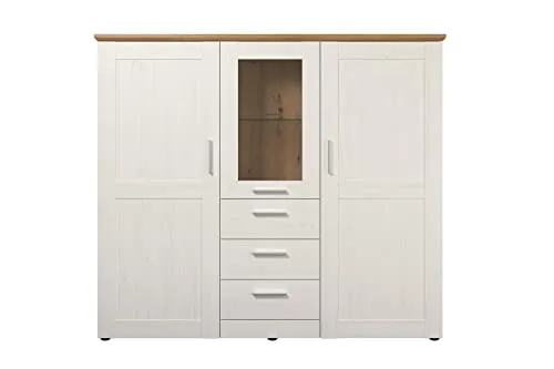 trendteam smart living Highboard Shade - Hochschrank fürs Wohnzimmer in Andersen Pine weiß mit Artisan Eiche, bietet viel Stauraum mit 3 Türen, 3 Schubkästen und 4 Einlegeböden, FSC-zertifiziert für verantwortungsvolle Waldwirtschaft.