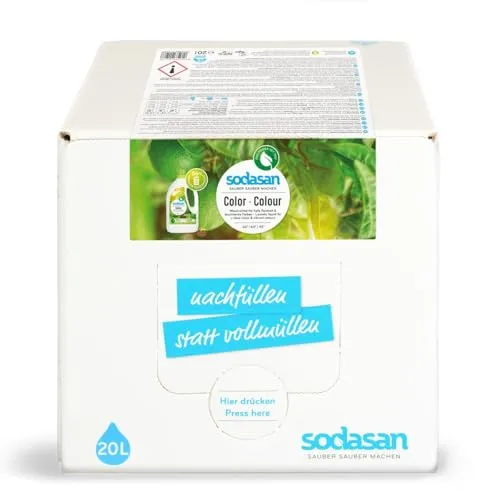SODASAN Waschmittel Color Limette 20 Liter - Vegan und biologisch abbaubar, im innovativen Bag-in-Box System für 86% weniger Plastikmüll. Ideal für leuchtend frische Farben bei 30-95 °C.