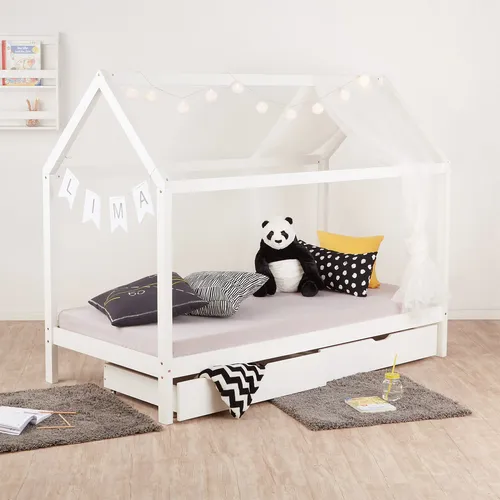 Hausbett 90x200 cm mit 2 Schubladen - Modernes Kinderbett in Weiß - Kategorie: Betten & Bettgestelle. Dieses Hausbett bietet praktische 2 Schubladen für zusätzlichen Stauraum und kommt mit einem stabilen Lattenrost, perfekt für Kinderzimmer!