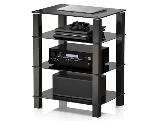 FITUEYES HiFi Rack aus Glas & Alu, Plattenspieler Regal mit Höhenverstellbaren Ablagen für Plattenspieler, Stereoanlagen & Kompaktanlage, 600x455x770 mm, AS406002GB