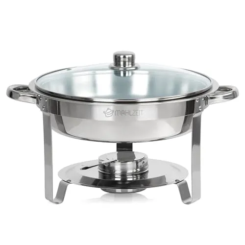 Mahlzeit Edelstahl Chafing Dish rund 4 Liter - Stövchen & Speisewärmer, edles Design aus hochwertigem Edelstahl, ideal für Buffet und Catering, mit Glasdeckel für optimale Sicht und Frische der Speisen.