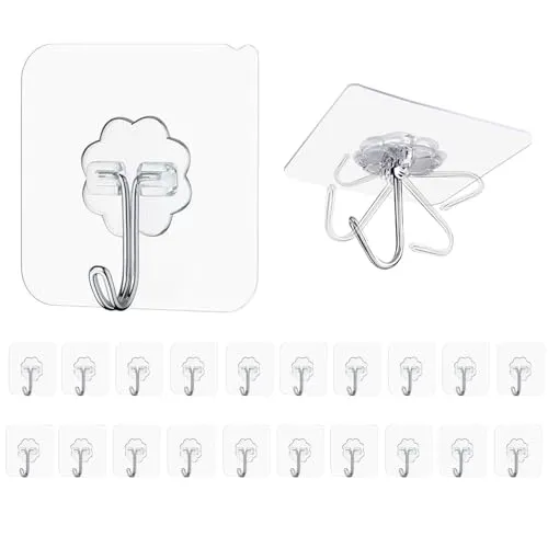 Maykafay Klebehaken Extra Stark, Haken Selbstklebend, 20 Stück Klebehaken Transparent Ohne Bohren (max 10 kg) Wandhaken Selbstklebend für Küche Bad Wand & Decke Aufhänger