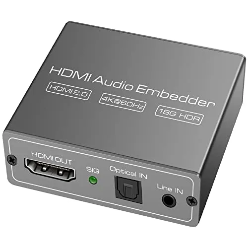 HDMI Audio Embedder Inserter 4K 60Hz mit TOSLINK und 3.5mm AUX - Digital/Analog Audio zu HDMI Wandler für externes Audio. Unterstützt 4K@60Hz, einfaches Umschalten zwischen Audioquellen, plug & play, 12 Monate Garantie.
