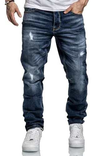 Amaci&Sons Herren Jeans Regular Straight Fit Destroyed A7998 Dunkelblau W38/L32 - Stylische Herren Jeans im Regular Straight Fit mit modischem Destroyed-Look. Ideal für lässige Outfits und bequem im Alltag. Hochwertiger Denim für optimale Passform und Tragekomfort.