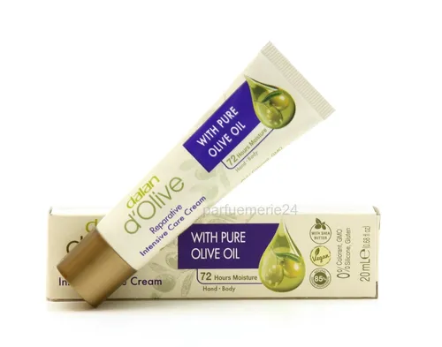 dalan d'Olive Intensiv Handcreme 20 ml - Tagespflege für trockene Hände, angereichert mit pH-neutralem Olivenöl und Sheabutter für intensive Feuchtigkeit und Pflege.