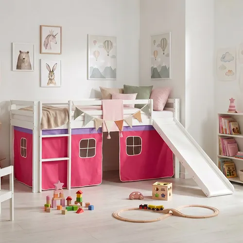 Homestyle4u Hochbett 90x200 cm mit Rutsche und Vorhang in Pink - Hochbett aus massivem Kiefernholz, ideal für Kinderzimmer. Inklusive abnehmbaren Vorhang und Rutsche für zusätzlichen Spielspaß. Sicherheit durch abgerundete Kanten und Absturzsicherung.