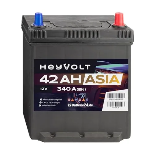 HeyVolt Autobatterie 12V 42Ah 340A/EN Asia Pluspol Rechts mit Bodenleiste