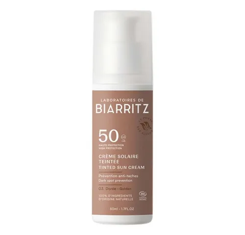 Laboratoires Biarritz Sonnenschutzpflege Sonnencreme - gold LSF50 50ml - Sonnenschutzmittel mit LSF50, bietet doppelten Schutz gegen UVA, UVB und blaues Licht. Ideal für alle Hauttypen, mattiert und verfeinert das Hautbild, hypoallergen und bio-zertifiziert.