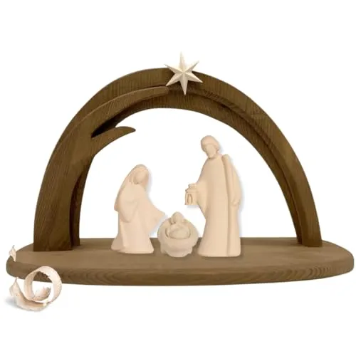 Akantus Krippe aus Holz: HL. Familie Natur mit Krippenbogen (Natur, 8,5 cm)