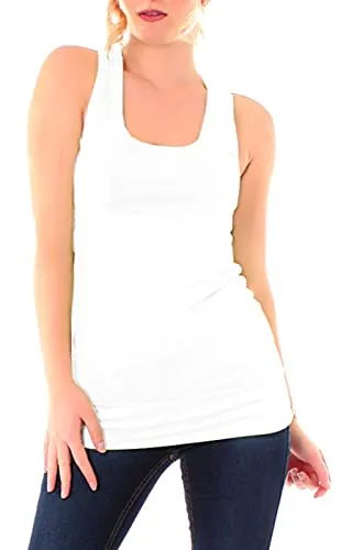 Easy Young Fashion - Damen Basic Tanktop - Fitness Top - Ringerrücken Sport - Shirt Skinny Fit Trägertop Unterhemd 8002 - Weiß