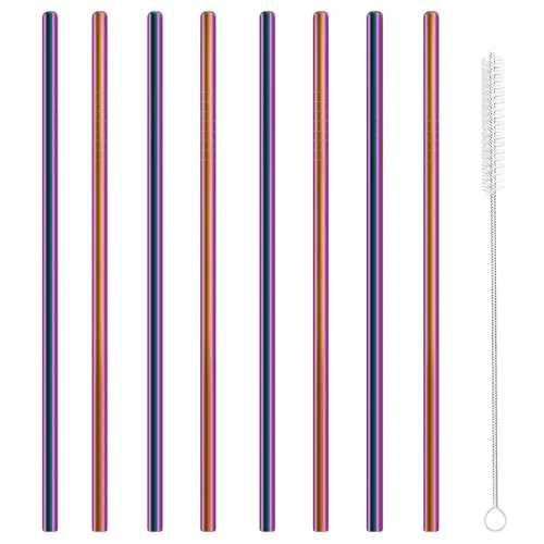 Edelstahl-Trinkhalme, Metall wiederverwendbar, für Saft Eiskaffee kalte Getränke Wasser Highballgläser Becher Tassen, 6 mm breit 215 mm lang, mit Bürste, Set mit 8 Stück Bunt