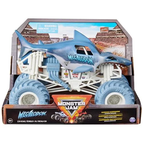 Monster Jam Megalodon Monster Truck 1:24 - Miniatur Motorfahrzeug-Modelle, offizieller Monster Jam Truck mit funktionierender Federung für mehr Action und Traktion – das perfekte Geschenk für Kinder ab 3 Jahren.