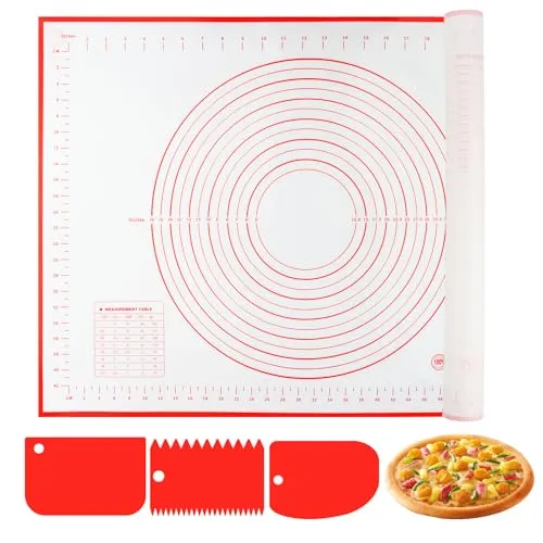 VFANDV Silikon Backmatte, 60x40 cm Backunterlage Silikon, Backpapier Arbeitsmatte mit Messung, Rutschfeste Backunterlage Antihafte Backmatte mit Teigschneider für Fondant Plätzchen, Pizza Teig, Rot