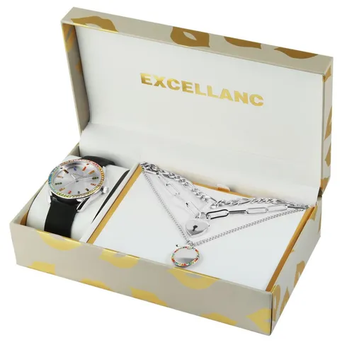 Excellanc Schmuckset 1900282: Damenarmbanduhr und 3 Halsketten - Schmuck-Set mit stylischer Damenarmbanduhr und drei Ketten im Layering-Look. Hochwertiges Quarzuhrwerk, bunten Similisteinen und Tragekomfort durch Silikonarmband. Ideal als Geschenk in edler Schmuckbox.