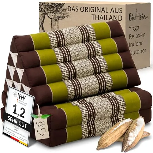 livasia Thaikissen mit 2 Auflagen - 120x50x8cm - Handgefertigtes Dreieckskissen für Entspannung - Entspannen und Wohlfühlen mit dem livasia Thaikissen. Handgefertigt, vielseitig einsetzbar und ideal für Yoga oder Meditation. Klappbar für platzsparende Aufbewahrung, bietet es optimalen Komfort im Innen- und Außenbereich.
