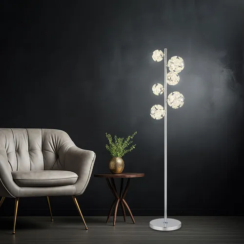Stehleuchte Kristallleuchte LED Kugeln in Chrom - Elegante Stehleuchte mit verchromtem Metall und klaren K9 Kristallen, perfekt für stilvolle Wohnzimmer. Inkl. 48W LED für helles, warmweißes Licht und Fußtrittschalter für einfachen Betrieb.