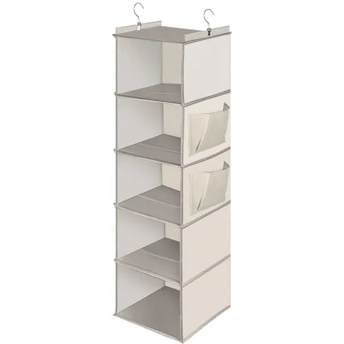 Cozary Hängeorganizer Kleiderschrank Organizer mit 5 Fächern, Faltbar Schrank Organizer Kleiderschrank mit Metallhaken - Beige