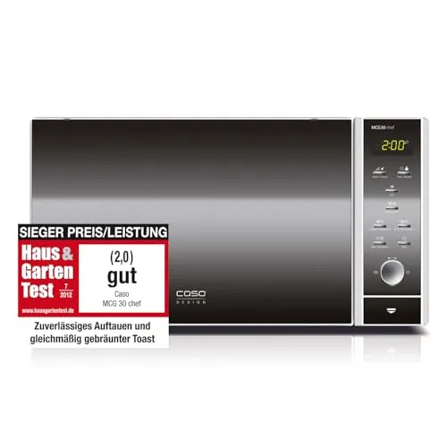 CASO MCG30 3-in-1 Mikrowelle mit Grill und Heißluft 2200W - Mikrowelle mit 30L Garraum, ideal für Auftauen, Kochen und Backen. 9 Koch- und 6 Kombiprogramme bieten vielseitige Zubereitungsmöglichkeiten.