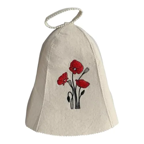 GMMH® Saunahut aus Wollfilz, Saunamütze für Damen, Blumen Muster und Design, Filz Kopfschutz Saunakappe Filzkappe Mütze Filzhut Hut Kappe für Sauna, Banya, Finnische Sauna (Mohn 501-150)