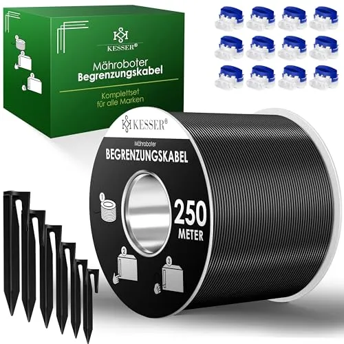 KESSER® Begrenzungskabel 250m Set für Mähroboter - Mähroboterzubehör mit 800 Erdspießen und 12 Kabelverbindern, ideal für eine stabile und unsichtbare Installation in jedem Garten.