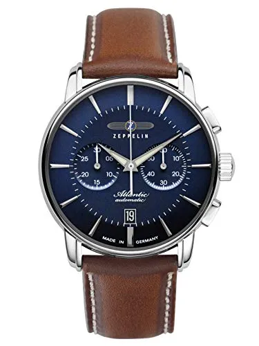 Zeppelin ATLANTIK 84223 Herren Automatikchronograph - Chronograph im Fliegerstil mit blauem Ziffernblatt und hochwertigem Rindslederarmband, wasserdicht bis 5 bar – ideal für Alltag und besondere Anlässe.