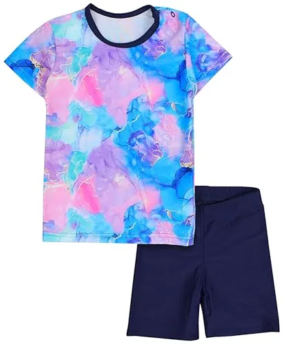 Aquarti Baby Mädchen Zweiteiler Kinder Badeanzug Bade-Set Bade T-Shirt Badehose UV-Schutz, Farbe: Tie Dye Blau Lila Rosa, Größe: 80