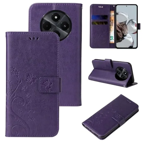 LBH Handy Hülle für Xiaomi Redmi 14C Case Handytasche Schmetterling Blumen Flower Standfunktion Schutzhülle Magnet Rundum Schutz 360 Grad Flipcase Cover Violett