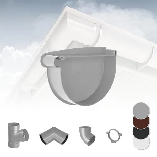 RAINWAY L Regenrinnen System (Rinnenendstück links grau) - PVC-U Kunststoff in 4 Farben, für Dachflächen > 100m² empfohlen, Endstück Endkappe