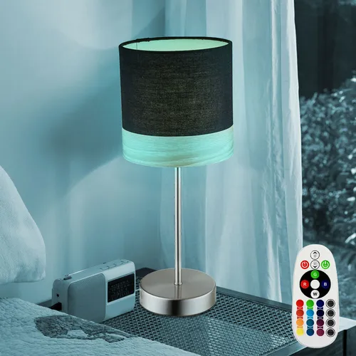 Dimmbar LED Tischlampe mit Fernbedienung - RGB Farbwechsel - Tischleuchte mit stilvollem Design aus Textil und Holz, perfekt für stimmungsvolle Beleuchtung. Inklusive Fernbedienung zur RGB-Farbsteuerung und dimmbar für individuelle Lichtatmosphäre.