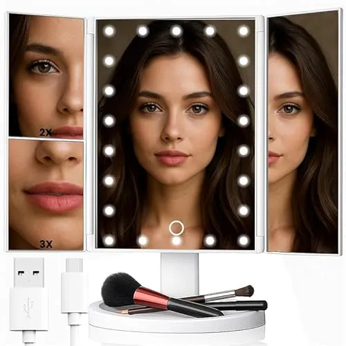 Retoo Kosmetikspiegel mit Beleuchtung LED – Faltbar, 2X/3X Vergrößerung, Touchschalter - Kosmetikspiegel mit 16 LEDs für perfektes Tageslicht, 360° drehbar und faltbar. Ideal für präzises Make-up und vielseitige Nutzung. Perfekt als Geschenk!