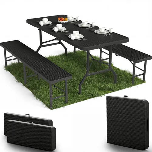 Bierzeltgarnitur klappbar - 3-teiliges Set mit Tisch und 2 Bänken - Praktisches 3-teiliges Set in Schwarz, ideal für Gartenpartys. Langlebige Materialien und wetterbeständig, bietet Platz für bis zu 6 Personen. Perfekt für Innen- und Außenbereiche.