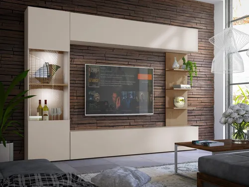 Wohnwand Lazando, Anbauwand mit LED Beleuchtung - Moderne Wohnwand Lazando mit Hängeschrank, Vitrine und TV-Lowboard. Besonders: Grifflose Öffnungssysteme und elegante LED-Beleuchtung für eine stilvolle Atmosphäre.