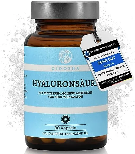 QIDOSHA® Hyaluronsäure Kapseln hochdosiert, TESTSIEGER 07/23*, 500mg je Kapsel, 90 Stk im Glas, mittleres Molekulargewicht (500-700kD), Hyaluronsäure vegan, dt Fertigung, natürlich aus Fermentation