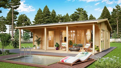 Fjordholz Ferien- und Freizeithaus Modell Mikka - Massives Ferienhaus mit 70 oder 90 mm Wandbohlen aus nordischer Fichte. Robuste Konstruktion für jede Wetterlage, inklusive hochwertiger Türen und Fenster mit Isolierglas. Individuelle Anpassungen möglich!