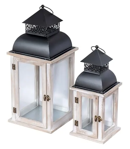 Levandeo® Kerzenlaterne 2er Set - Elegante Windlichter aus Holz und Metall - Kerzenhalter für stimmungsvolle Gartendeko, wetterfest und ideal für romantische Abende im Freien.