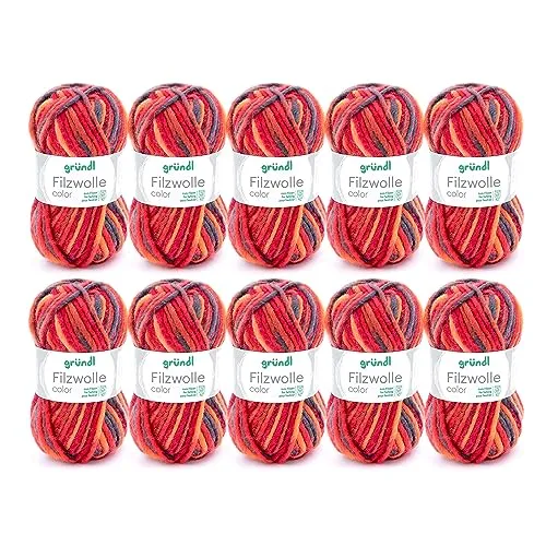 Gründl Wolle Filzwolle color - Dicke Wolle zum Filzen in der Waschmaschine - Strickgarn zum Filzen - Weich und hautfreundlich - 100% Schurwolle - 10 Knäuel 50 g /50 m -Nadelstärke 8-9 - rot-schwarz