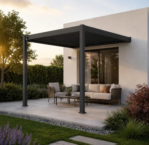 Wandpergola Classic 3 x 3 m Anthrazit mit Lamellendach - Die Wandpergola Classic 3 x 3 m in Anthrazit bietet eine stabile Aluminiumkonstruktion und ein verstellbares Lamellendach für individuelle Licht- und Schattenregulierung. Ideal für Terrasse und Garten.