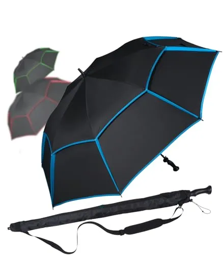 iX-brella 146 cm XXXL Fiber-Golfschirm Automatik doppeltes Dach mit Ventilationsbezug - schwarz-blau