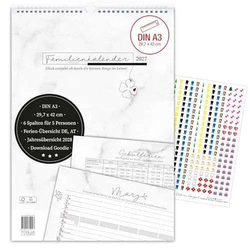 TOBJA® Familienkalender 2027 A3 mit 300 Stickern - 6 Spalten Familienplaner XXL für 5 Personen, Marmor-Design - Schulferien DE AT, Feiertage DE AT CH, Vorschau 2028 | Wandkalender 2027