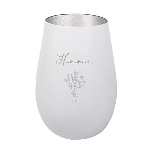 Der-Porzellan-Laden Windlicht mit Gravur Home, Weiß Silber, Teelichthalter aus Glas mit Spruch, Tischdeko modern