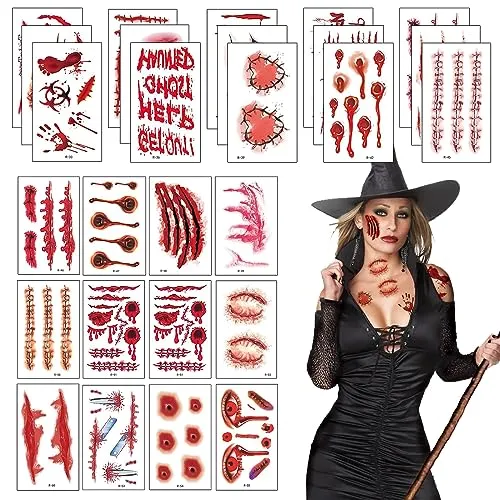 Blatt Halloween Tattoo,Gesicht Narben Tattoos,Wunden zum Aufkleben Halloween Schminke Blut Temporäre Tattoos Wasserdicht Horror Halloweendeko für Zombie Makeup Cosplay Party 30
