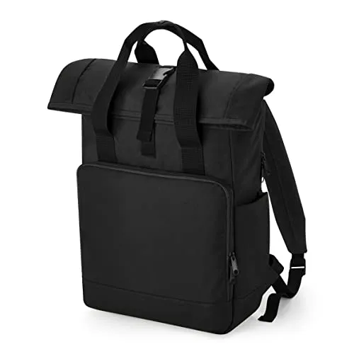 BagBase BG118L Recycled Twin Handle Roll-Top Laptop Backpack - Schwarz - Tagesrucksäcke aus 100 % GRS-zertifiziertem recyceltem Polyester, ideal für den umweltbewussten Nutzer, mit sicherem, gepolstertem Fach für Laptops bis 15,6
