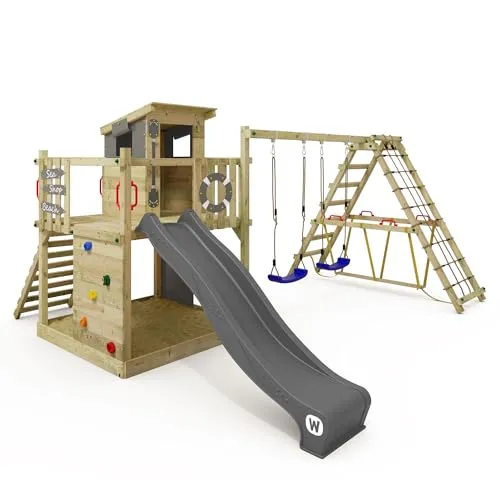 Wickey Spielturm Smart Surf – Abenteuer-Stelzenhaus mit Schaukel & Rutsche - Schaukeln für kleine Abenteurer – inklusive Wellenrutsche, Kletterwand und 10 Jahre Garantie auf Holzelemente für langanhaltenden Spielspaß.